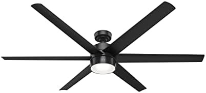 Hunter 72 inch Outdoor or Indoor Ceiling Fan with LED Light - Black Ceiling Fan with Wall Control, For Patio, Garage, or Porch, Quiet, Standard Mount, 6 Blades - Solaria 59628, Matte Black