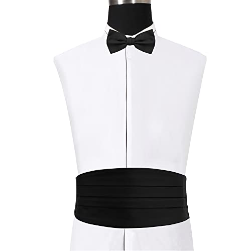 Jacob Alexander 3 Piece Set Men's Solid Color Cummerbund Pre-Tied Banded Bow Tie And Pocket Square - Black #TOP4