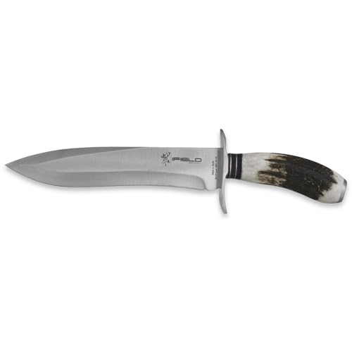 iFIELD Cuchillo de caza deportivo Camper EL29012, mango asta de ciervo, total 37 cms, hoja de 23,5 cms, incluye funda de piel marrón, herramienta de camping para pesca, caza, actividad deportiva