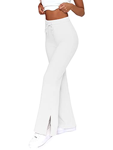 GOKATOSAU Women s Yoga Drawstring Sweatpants Loose Casual Wide Leg Split Hem Lounge Joggers White