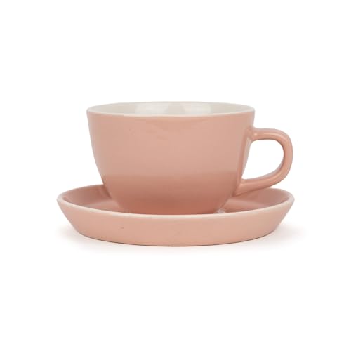 Shay Cappuccino Cup Saucer Set, Pink, 300ml | Large Ceramic Coffee Cup | Premium Stoneware | Glossy Finish | Microwave Safe