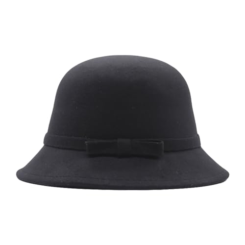 Chapéu de pescador para mulher, chapéu de sino, estilo anos 20, chapéu de inverno de lã sintética, chapéu de bowling esmagável, chapéu vintage de sino, chapéu redondo de tecido, Preto, Tamanho único