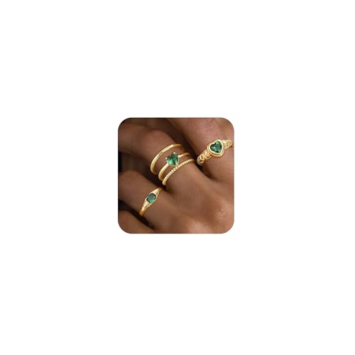 Kyerlyn Stackable Gold Rings for Women Non Tarnish Emerald Heart Chunky 14K Gold Plated Stacking Ring Set Statement Promise Wedding Bands Engagementfor Gifts Jewelry Size 6 7 8 9 10