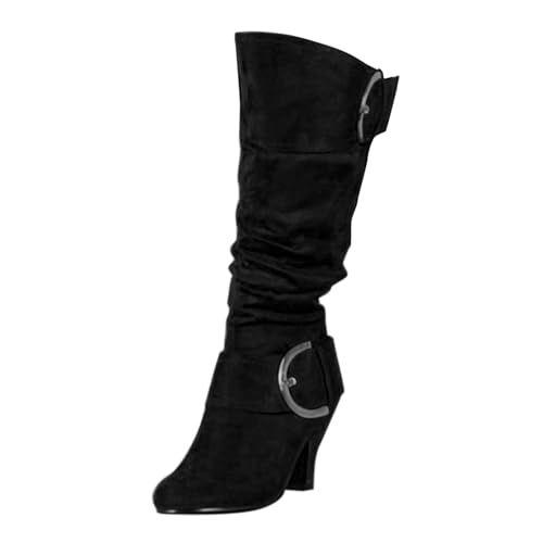 Bottes en velours brossé noir tige haute et sangle à boucle