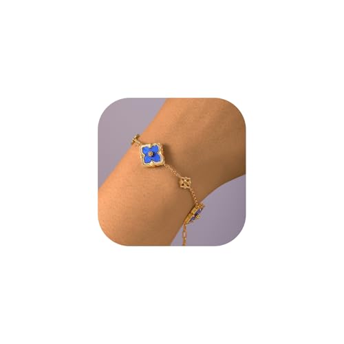 18K Gold Plated Four Leaf Clover Bracelet for Women, Reversible Lucky Charm Jewelry with Adjustable Link Chain, Double-Sided Blue Enamel Bracelet Gift for Birthday, Anniversary, Christmas