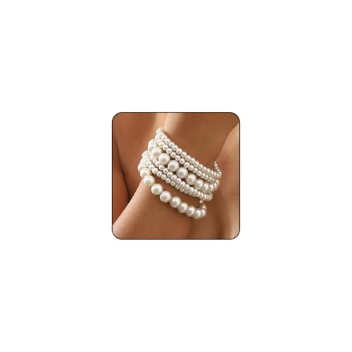 FloralGrace 6 piezas Pulsera de perlas, pulsera de perlas blancas para mujer,...