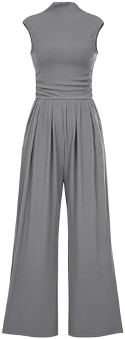 KIRUNDO Womens Jumpsuit Dressy Casual Summer Outfits One Piece Cap Sleeve Mock Neck Wide Leg Pants Rompers with Pockets