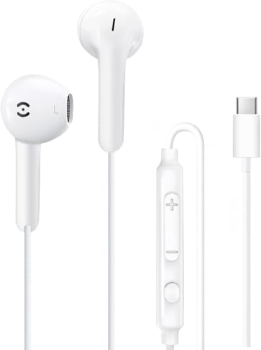 USB C Earbuds Wired with Mic & Volume Control Type C Headphones Stereo Sound Earphones Compatible with iPhone 15/16 Series Samsung Galaxy S24/S23 Pixel iPad - White