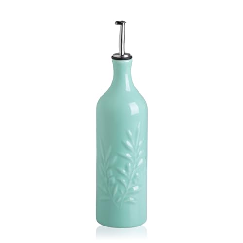 Sweejar Ceramic Olive Oil Dispenser Bottle, 24 Oz Relief Design EVOO Oil and Vinegar Dispensing Bottle with Spout for Kitchen, Set of 1 (Turquoise)
