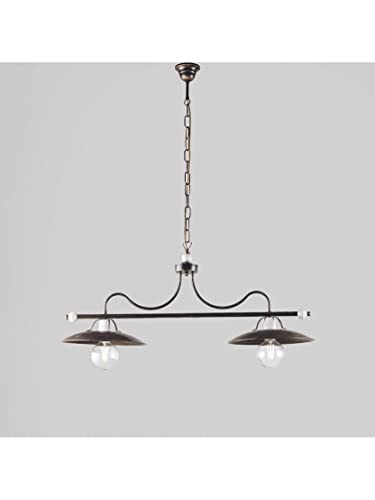 LAMPADARIO 2 LUCI IN LEGNO E FERRO BATTUTO RUGGINE PARALUMI IN CERAMICA DECORATI