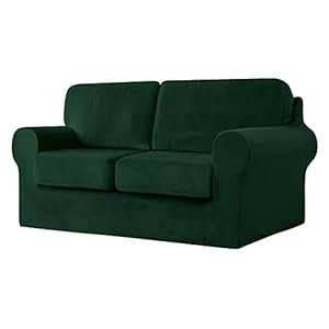 SYLC Sofa Cover with Separate Seat Cushions and Backrests Stretch Velvet Sofa Slipcover Couch Covers Furniture Protector Split Combined (Dark green,2 Seat Set 5 PCS)
