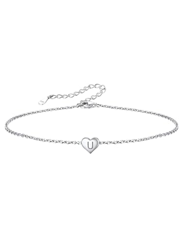 Pulsera plata de ley para tobillo Silvora con colgante de corazón y letra fina