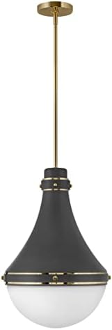Hinkley Oliver Medium Pendant Ceiling Light, Adjustable Height, Even or Sloped Ceiling, Tapered Spun-Metal Light and Etched Opal Glass Shade, in Dark Matte Grey and Bright Brass Accents