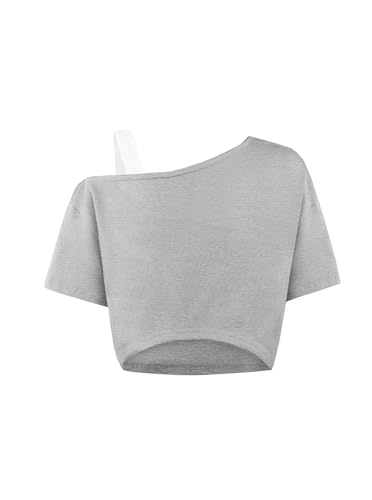 Image of Girls Off The Shoulder Tops Asymmetrical Short Sleeve Crop Top Cute Summer Tee Shirts