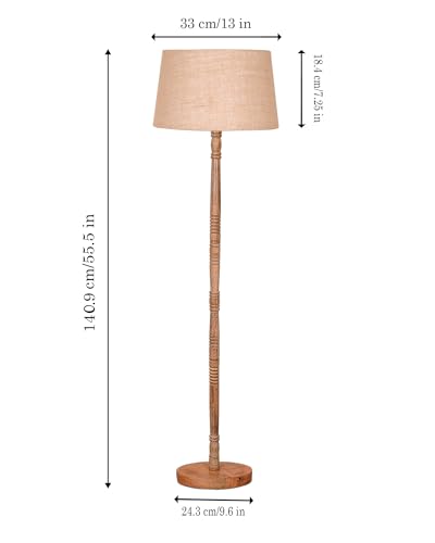 Image of Homesake Mid Century Modern Floor Lamp for Living Room | Hand Turned | Corner Lamp for Living Room, Stand Lamp with Fabric Lampshade for Bedroom, Study Room and Office, (Off-White)