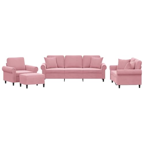 GeenYuu 4-TLG. Sofagarnitur Rosa Samt, Wohnzimmer Möbel Set mit Sessel, 2-Sitzer, 3-Sitzer Sofa, Fußhocker, 10 Kissen, Robustes Metallgestell, bequemes Sitzerlebnis für Zuhause – Bild 3