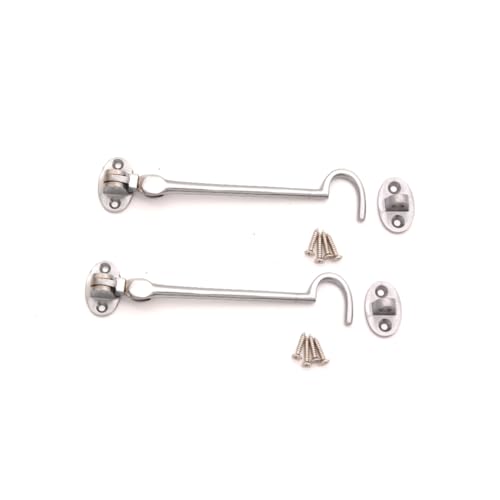 Pack of 2, 6 (150mm) Heavy Duty Brass Cabin Hook & Eye Silent Catch/Latch/Holder/Back Gate/Shed/Patio Door in Various Finishes (Satin Chrome)