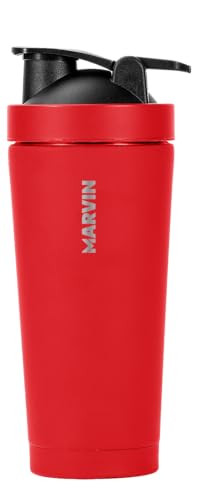 MARVIN THE SHAKED – Termo Batidor Acero Inoxidable 750 ml – Conserva frío 12 horas – Conserva calor 8 horas – Diseño Premium para Batidos, Proteína y Estilo Activo – Sin BPA (Ex's Blood)