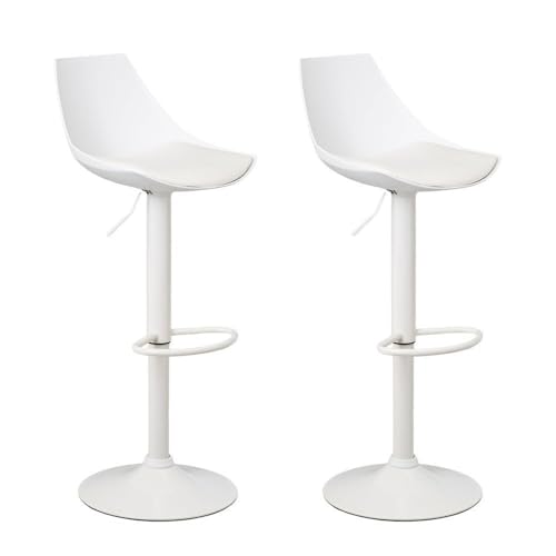 LOLAhome - Set de 2 Taburetes Altos Cocina Giratorios en 360°, Juego de Sillas de Bar Regulables en Altura de 83 a 104 cm, con Respaldo, Estructura Metal Blanca y Reposapiés, Blancos