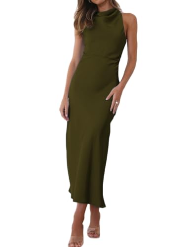 Image of Halfisland Womens Satin High Neck Backless Sleeveless Cocktail Midi Dress
