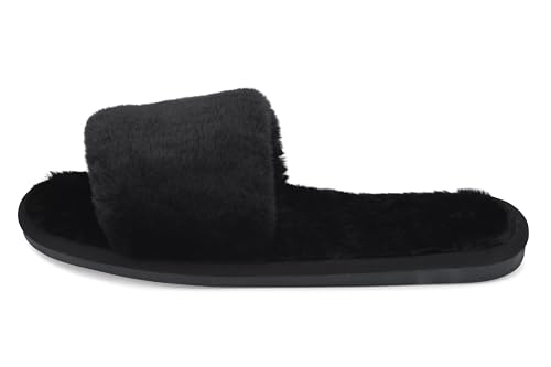 Fuzzy House Slippers for Women - Soft & Comfortable Womens Slippers with Open Toe Separators - Cute All Day Wear Casual Slip on Ladies Footwear for Indoor & Outdoor Midnight Black, 82