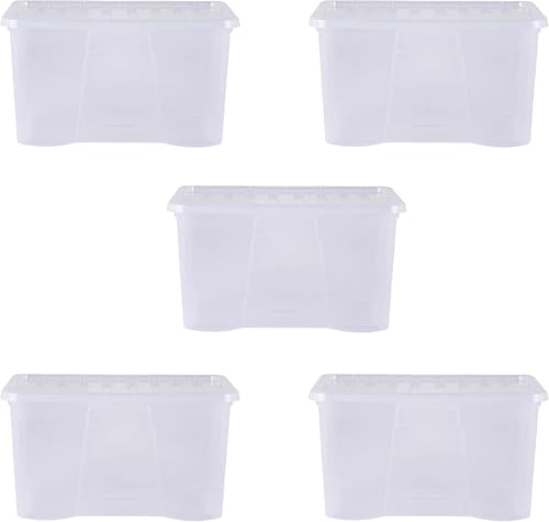 Wham Crystal Plastic Storage Boxes With Lids Home Office Stackable Nestable Container Box 60L Easy fit Underbed Protective Storage Box 60 x 40 x 33 cm - Tint Clear (Set of 5)