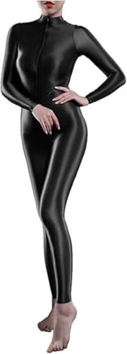 Yaaapiy Damen Glänzend Overalls Ganzkörper Anzug Body Einteiler Bodysuit Jumpsuit Glossy Glatt Strupmhose Leggings Unterwäsche Langarm mit Reißverschluss (schwarz, M)