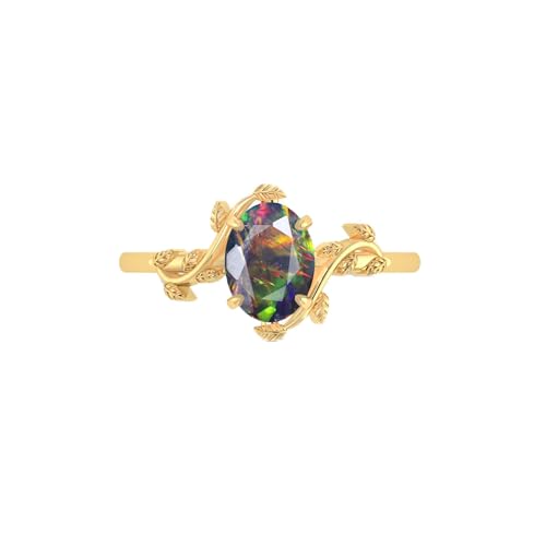 Natural Multicolor Opal 925 Sterling Silver Bypass Ring for Womens in Yellow Gold Plated Moonstone, Ruby Birthstone Jewelry Gift for Mother/Wife/Girlfriend [Anniversary, Wedding Rings]