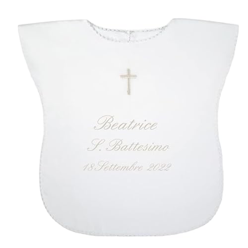Coccole - Vestina da Battesimo a Tema Croce Panna Personalizzata con Nome e Data - Veste Bianca Battesimale in Tessuto Piquet Millerighe 100% Made in Italy