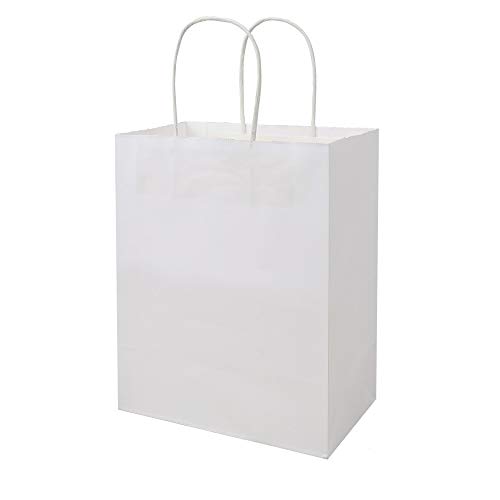 Bagmad 100Pcs Pack 8X4.75X10 Inch Medium White Kraft Paper Bags With Handles Bulk, Gift Bags, Craft Grocery Shopping Retail Birthday Party Favors Wedding Sacks Restaurant Takeout, Business (100) #TOP6