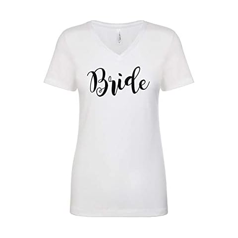 Blue Sand Textiles Bride Shirt. Women's Cut V-Neck Shirt for Brides. Wedding Shirt. (White-Black, Large) Cover