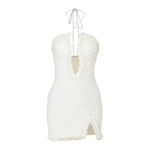 DKE&YMQ Suspender Sleeveless Hanging Neck Open Irregular Folds Deep V Package Hip Sexy Slim Short Summer Dress Female Light Apricot Cover