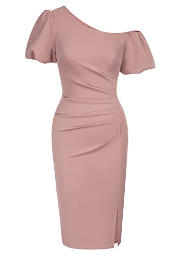 Belle Poque Women's One Shoulder Ruched Bodycon Pink Dresses Short Puff Sleeve Casual Elegant Pencil Dress Light Pink 2Xl #TOP19