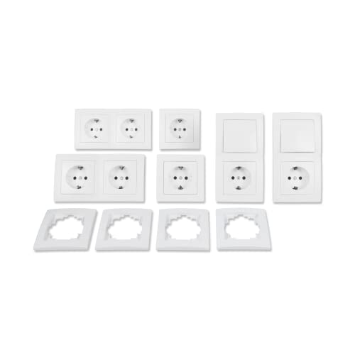 McPower Flair - Wand Steckdosen und Schalter Set I Standard I 20-teilig I 8x Steckdose 2x Wechselschalter 10x Rahmen | Aufputz Unterputz | Serie in Weiß matt