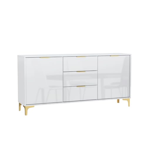 Creative Furniture Sideboard 140cm Luxury Modern TV Unit Stand - White High Gloss & Gold Finish Accents, LUX101 - Image 3