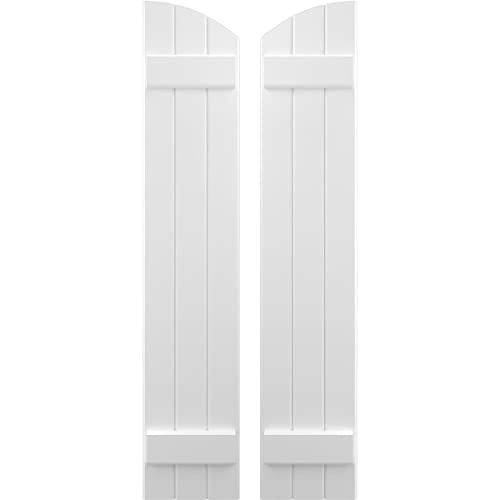 10 1/2"W x 41"H Americraft Three Board (2 Batten) Exterior Real Wood Joined Board-n-Batten Shutters w/Elliptical Top (Per Pair), White