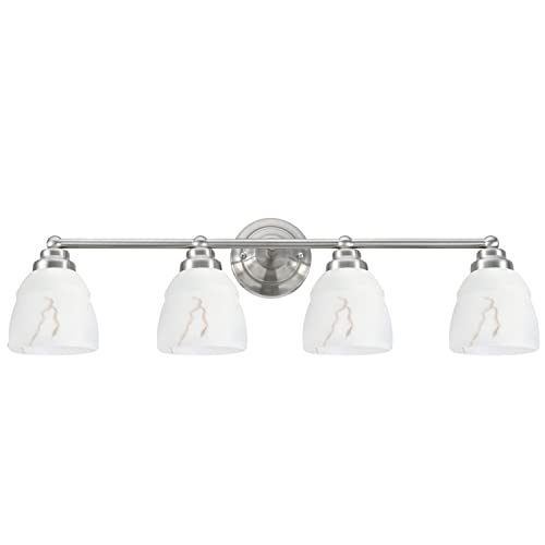Image of Aspen Creative Satin Nickel 62193-1, Four Metal Bathroom Vanity Wall Light Fixture, 4 3 /4 inch Wide, Transitional Design Faux Alabaster Glass Shade