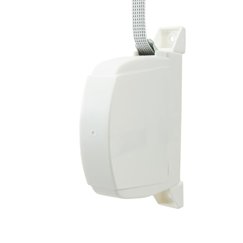 IdeaGenesis - Recogedor plegable de persiana enrollable - Enrollador abatible con cinta para fijación en pared o marco ventana - Sistema universal resistente (Blanco cinta pintas, Cinta 14mm)