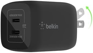 Belkin 65W Dual USB-C Wall Charger, Fast Charging Power Delivery 3.0 with GAN Technology for iPhone 14, 13, Pro, Pro Max, Mini, iPad Pro 12.9, MacBook, Galaxy S23, S23+, Ultra, Tablet, More – Black