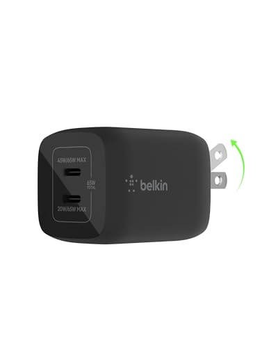 Belkin Dual USB C Charger Block 65W, Super Fast Charging PD 3.0 w/GaN - Samsung Galaxy S26, Apple iPhone 17, Air, Pro, Pro Max, iPad, MacBook, AirPods, Apple Watch, & More - Black