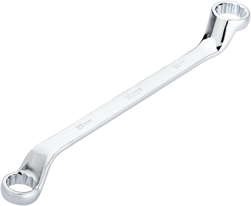 Vigor Double Ring Spanner V7750-25X28, SW 25 x 28 mm, External Double Hexagon Profile, 15 Degree Offset, 345 mm Length, Chrome-Plated, in Accordance with DIN 838/ISO 10104