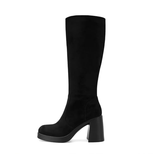Image of SOVANYOU Black Leather Boots Platform Boots for Women Fashion Square Toe Chunky Block Heeled Boots Side Zip