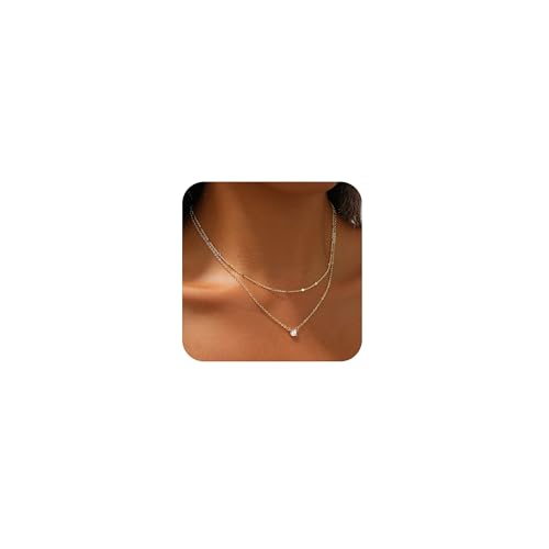Gold Layered Necklace for Women,Dainty 14K Gold Plated Pendant Necklace Simple Charm Chain Choker Necklace Trendy Jewelry for Women