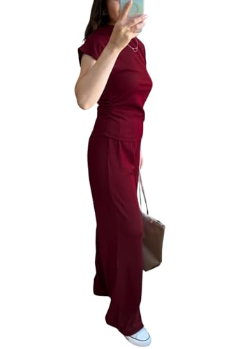 Image of Women's 2 Piece Outfits Casual Summer Cap Sleeve Ribbed Pant Sets Tracksuit