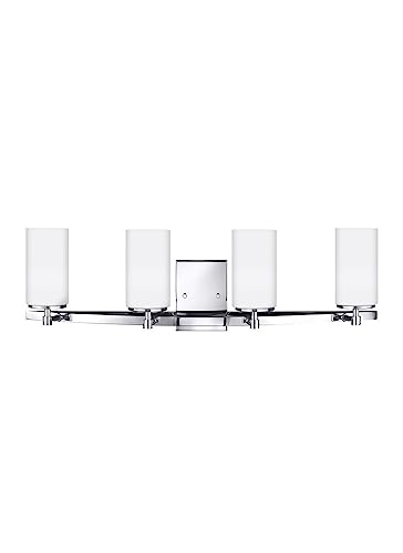 Image of Generation Lighting 4424604-05 Seagull 4424604-05 Four Light Bath Fixture, Chrome, 400 Total Watts, 9.125 Inch Height, 30.5 Inch Wide, Steel Construction, Etched /White Inside Glass Shades