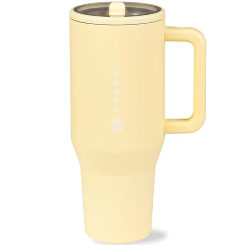 Image of HydroJug Traveler - 40 oz Water Bottle with Handle & Flip Straw - Fits in Cup Holder, Leak Resistant Tumbler-Reusable Insulated Stainless Steel & Rubber Base - Gifts for Women & Men, Butter