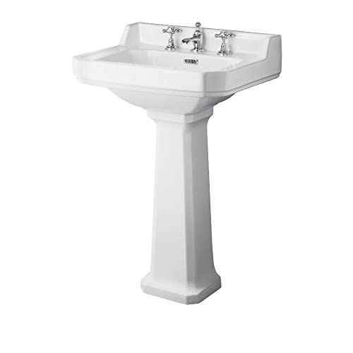 Image of Milano Richmond Comfort Height White Full Pedestal 3 Tap Hole Bathroom Basin Sink - 560mm x 450mm