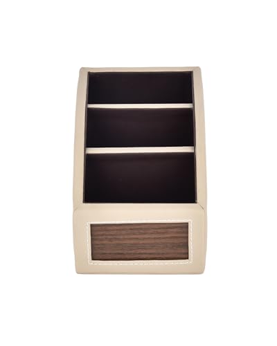Image of Premsons Classic Remote Holder - 3 Section Tabletop Organizer in Light Brown | Faux Leather with Refined Wooden Finish | Decorative & Practical Organizer - Beige