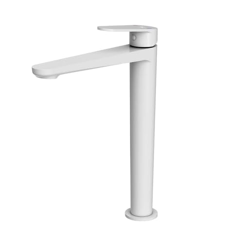Grifo Monomando de Lavabo Alto GALYON Serie Fine, Cartucho Cerámico 26mm, Acabado Blanco Mate, Conexiones Flexitub Certificadas H3/8'x450mm, Atomizador Oculto M24/100