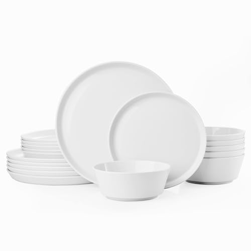 Image of KINGSTONE 18-Piece Bone China Dinnerware Sets, White | Lightweight Plates & Bowls Set | Straight Rim Bowl Dinner Set | Scratch Resistant | Microwave & Dishwasher Safe | Serves 6